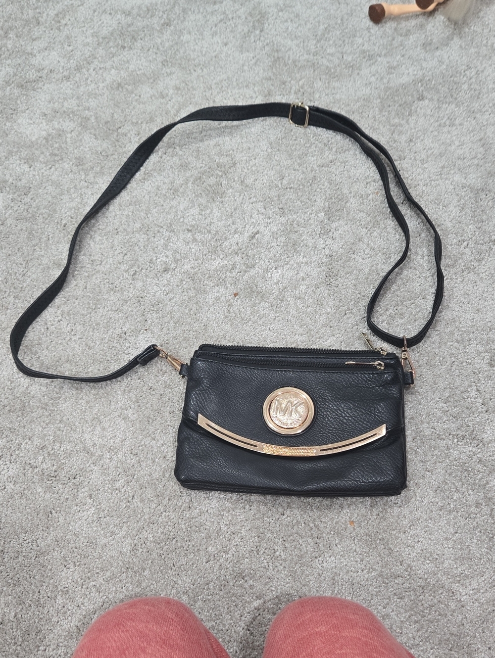 Michael Kors Black Leather Crossbody with Gold Emblem